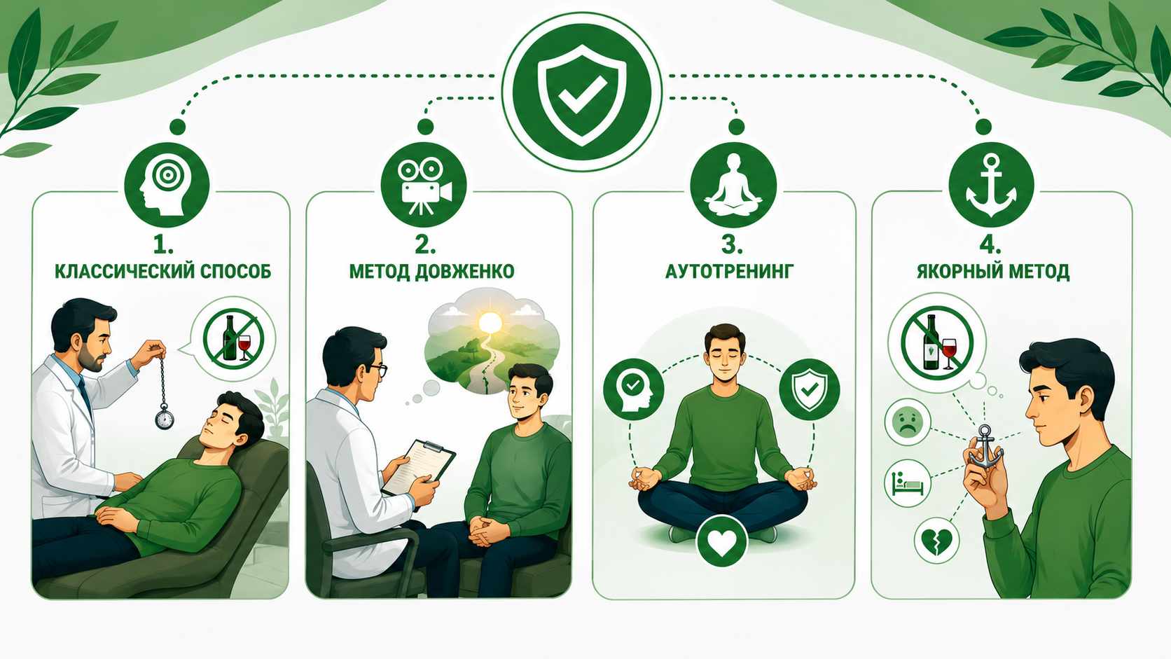 Инфографика с четырьмя методами гипноза при кодировании от алкоголизма: классический способ, метод Довженко, аутотренинг и якорный метод.