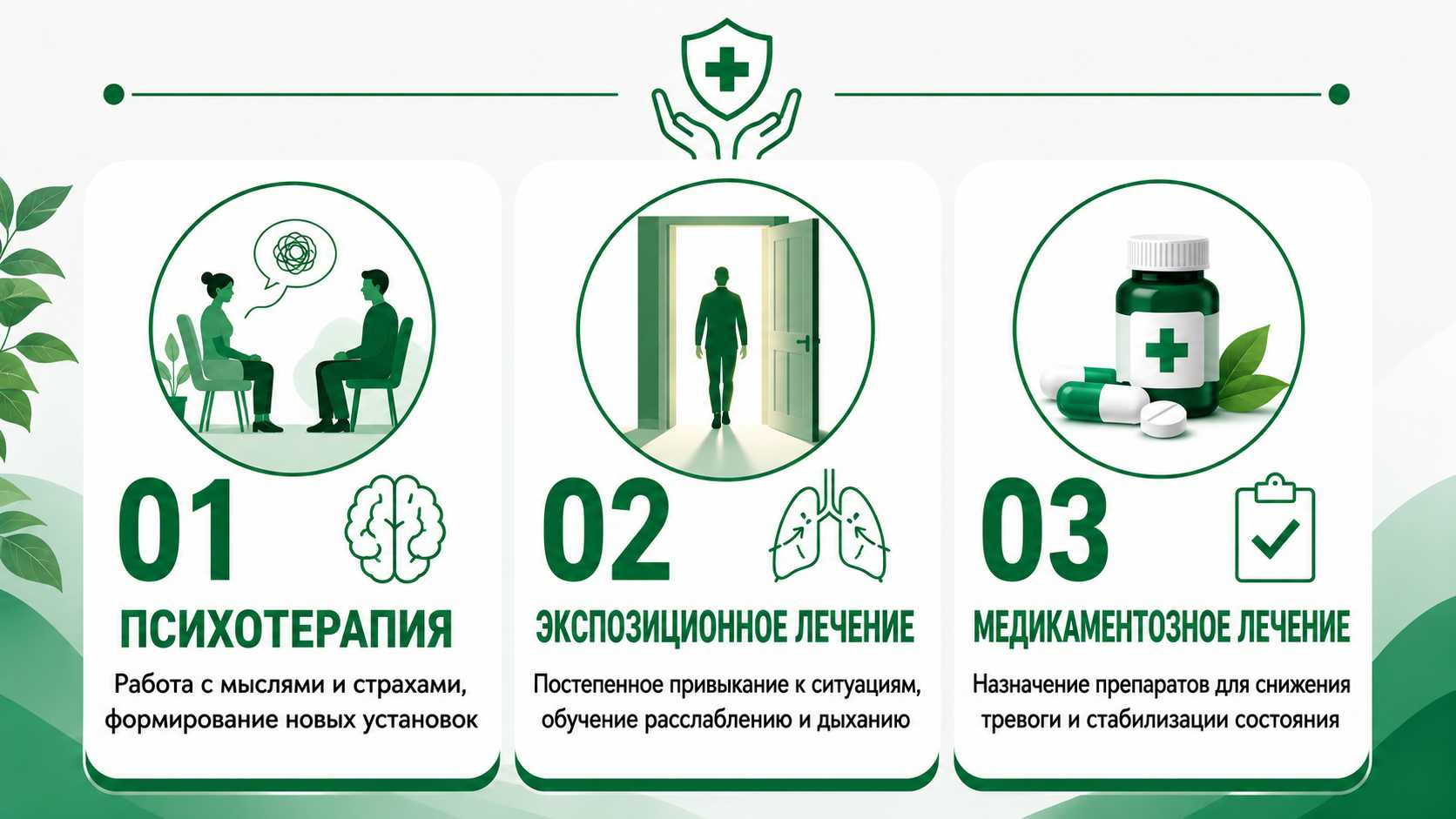 Схема с тремя основными методами лечения клаустрофобии: психотерапия, экспозиционное лечение и медикаментозная терапия.