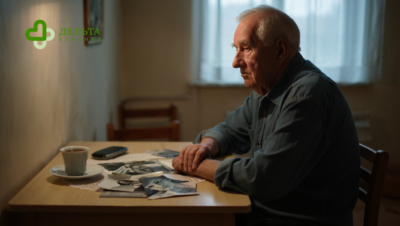 Пожилой мужчина в тихой комнате — изоляция, утрата связей и эмоциональная тяжесть старения